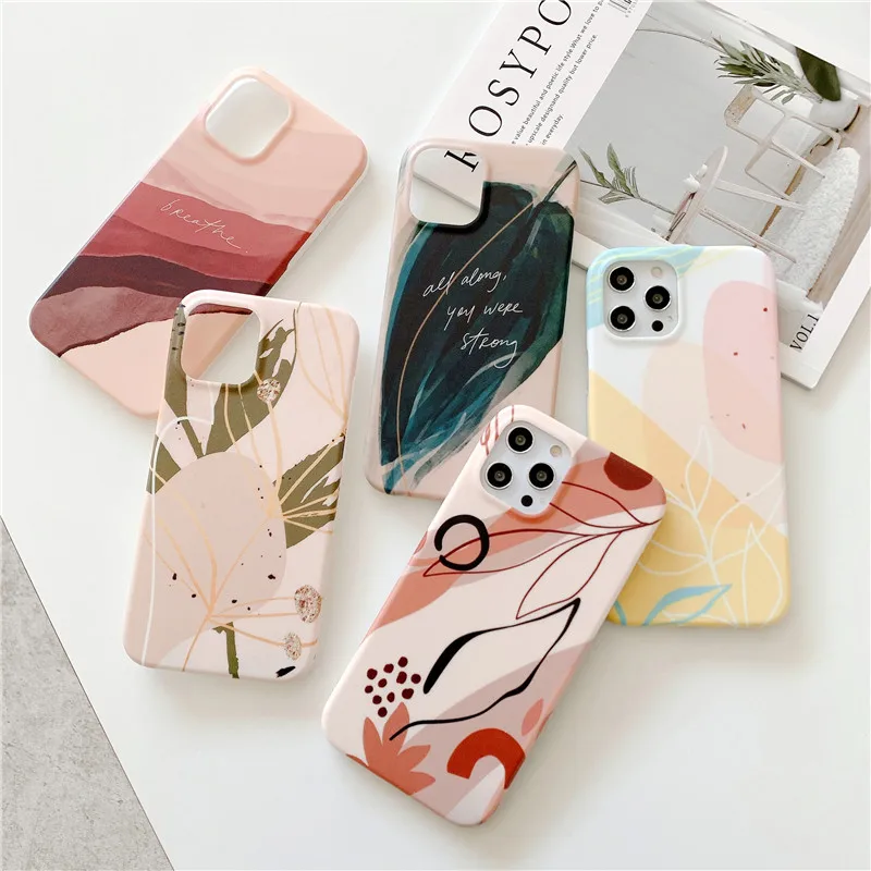 

Texture Marble Watercolour Painting Phone Case For iPhone11 12 Pro Max mini X XR XS 7 8 Plus SE2020 IMD Shockproof Back Cover