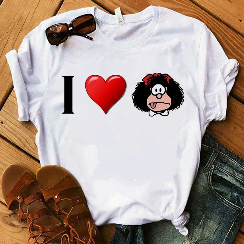 

2021 Cute cartoon Kawaii Mafalda Summer harajuku casual short sleeve Women's T-shirt Streetwear O Neck White Tops Tee 90s Top