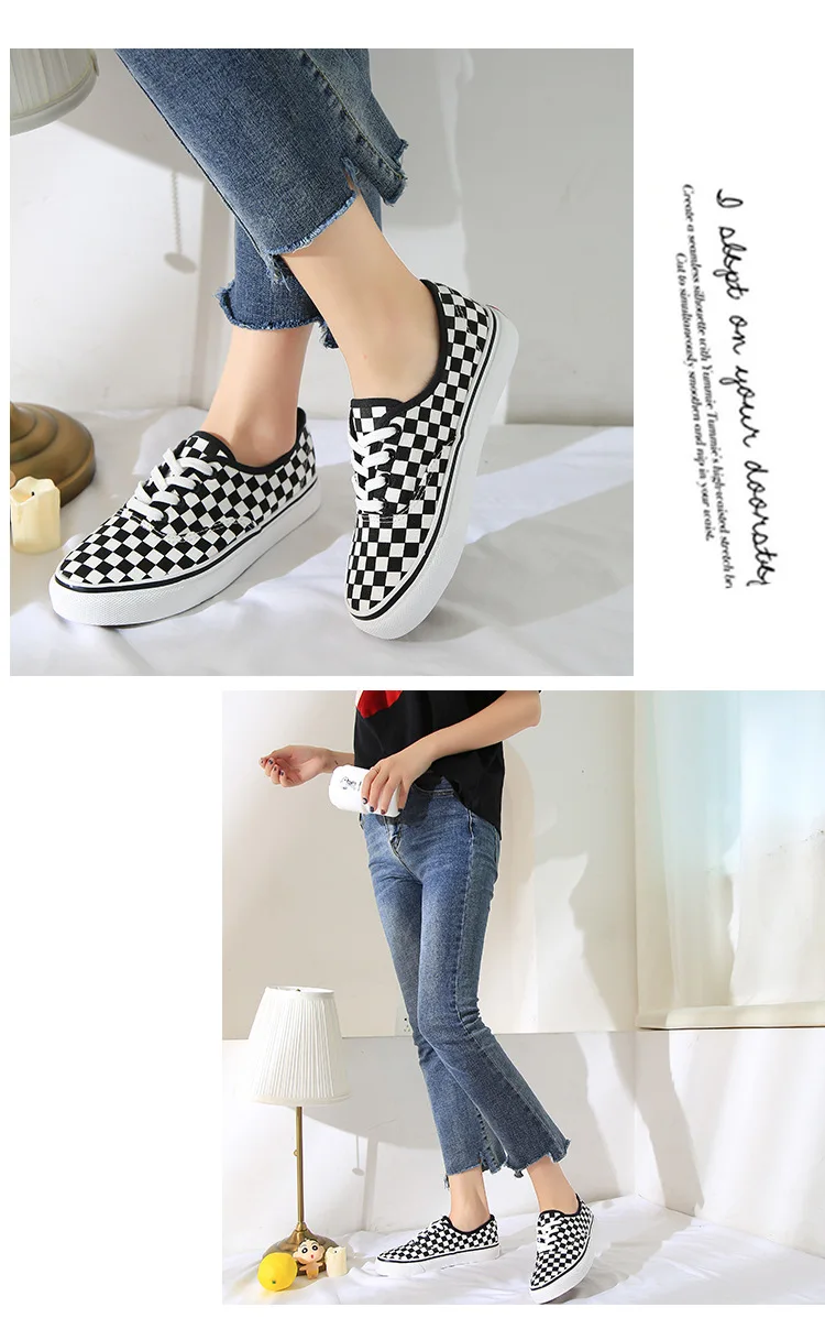 Checked Canvas Vulcanized Shoes For Both Men And Women Casual Loafers With No Lacing At One Stepulzzang Freeshipping Sale