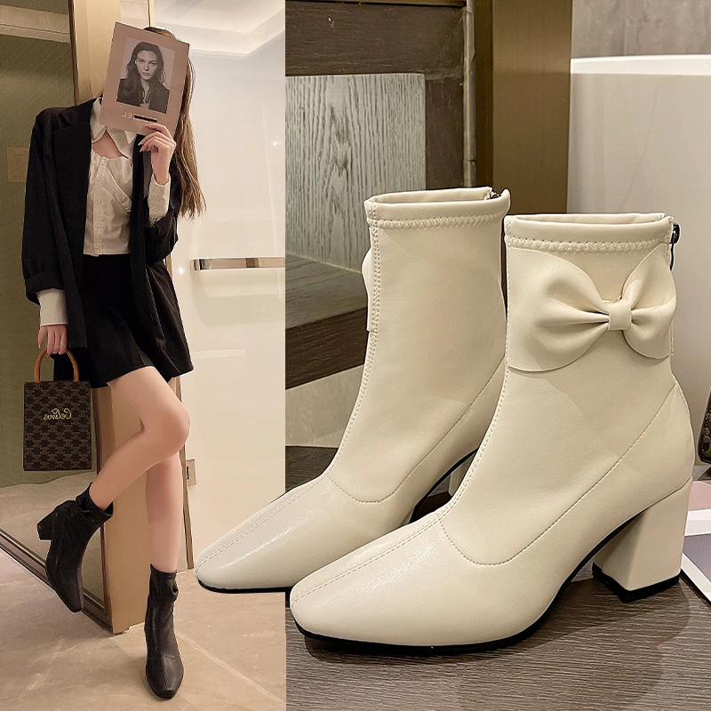 

2021 New Women's Ankle Boots Women Rear Zipper Comfortable Takane Bow Fashion Warm Winter Shoes Women Boots Botines Mujer