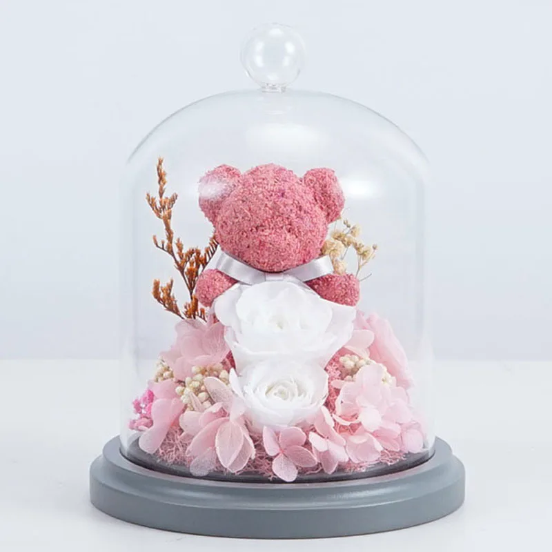 

Pink Rose Bear Beauty and The Beast Rose Real Flowers In Glass Dome Home Decor Wedding Valentine's Day Christmas Birthday Gift