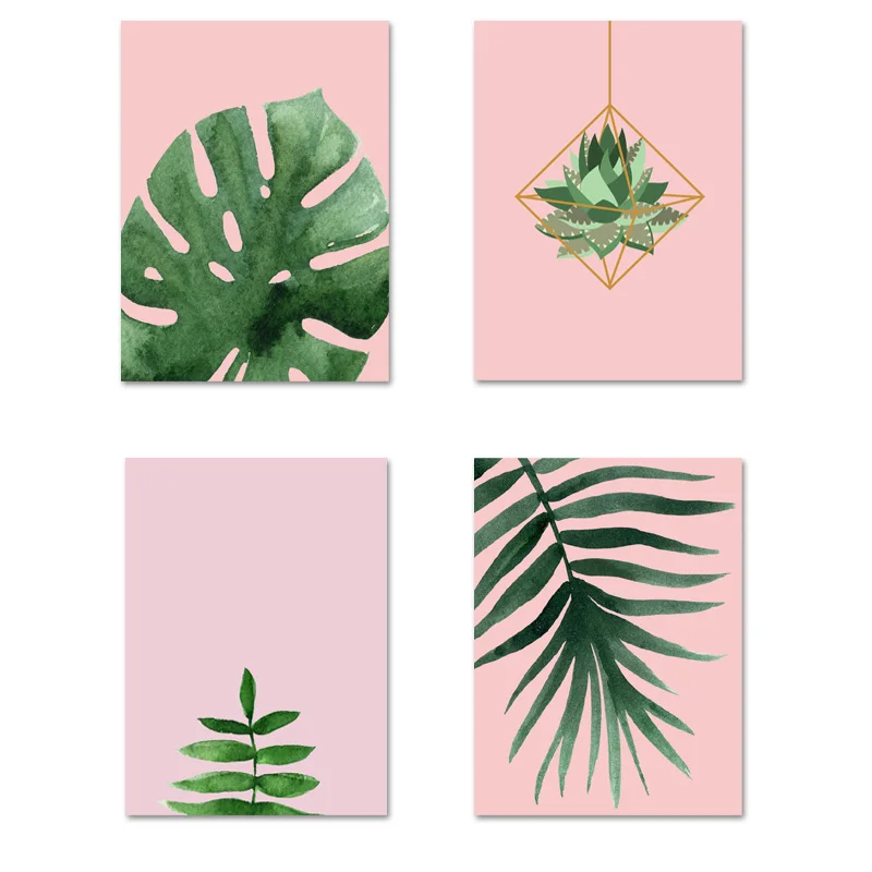 Акварель зеленое растение тропические листья розовый холст плакат настенный