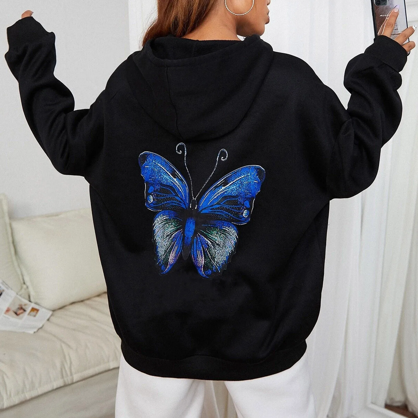 Womens Girl Cute Korean Autumn Long Sleeve Hoodie Sweatshirt Butterfly Print Hooded Pullover Tops Streetwear Oversized Hoodies