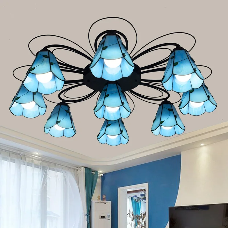 

European-Style Simple Mediterranean Creative Tiffany Colored Glass Living Room Dining Room Bedroom Blue Ceiling Lamp
