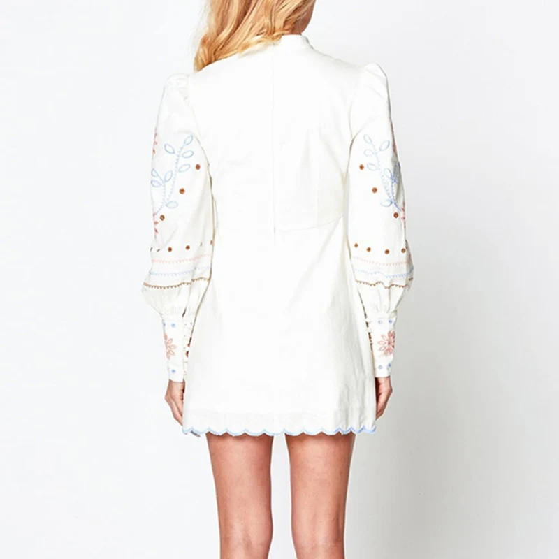 

SISPELL Lantern Long Sleeve Dress Share With You Stand Collar Print Embroidery Hit Color Dresses For Female Fashion Spring Tide