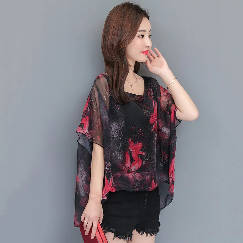 2020 женская футболка с О-образным вырезом шифоновая принтом летучая мышь короткий