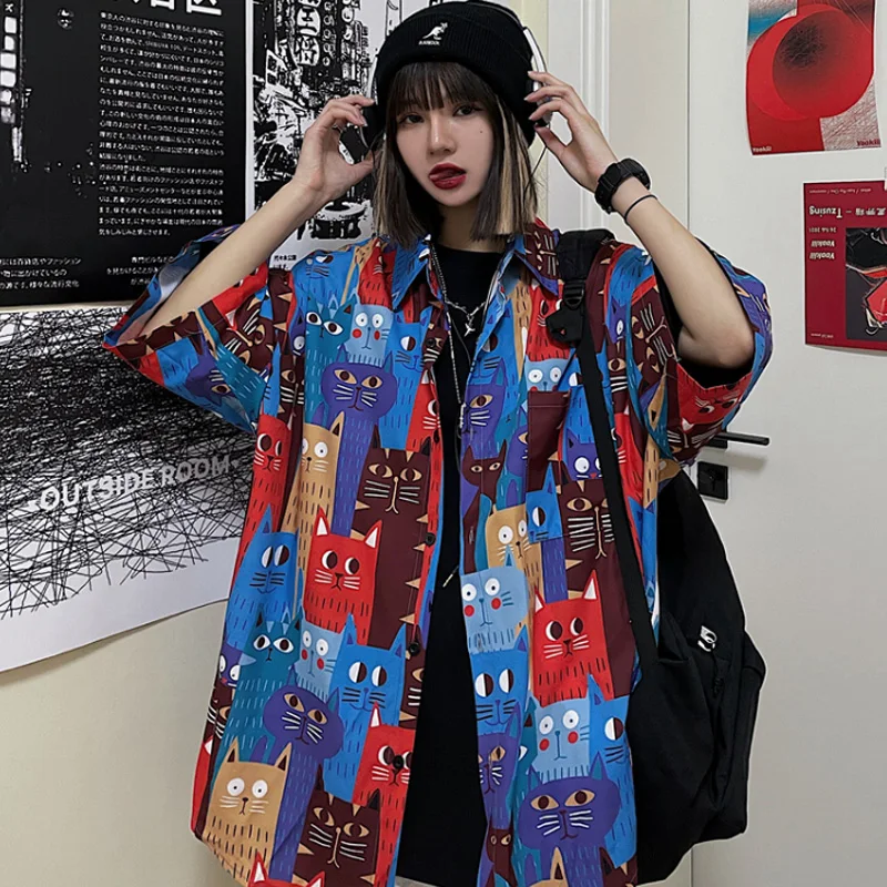 

Aolamegs Men's Shirts Cartoon Cat Print High Street Hip Hop Streetwear Summer Fashion Unisex Vintage Oversized Tops Shirts Male
