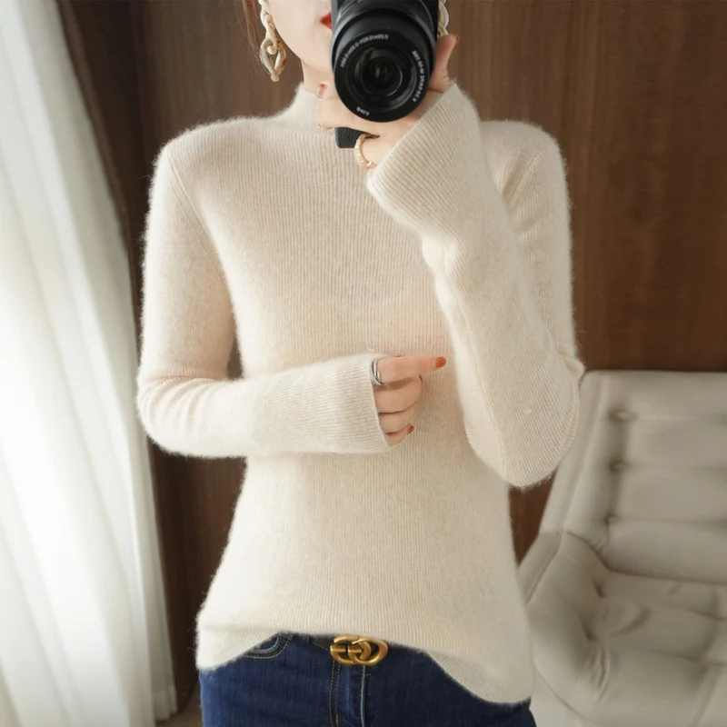 

Sweater 2021 Autumn Winter New Female Semi-High Neck Solid Color Pullover Simple Iong-Sleeved Slim Slimming Wool Bottoming Shirt