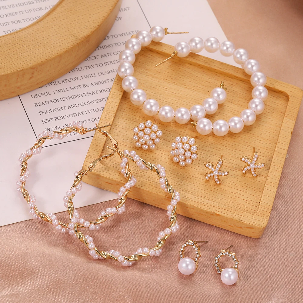 

New Korean Simple Plain Gold Metal Beaded Pearl Hoop Earring Fashion Big Circle Hoops Statement Earrings for Women Party Jewelry