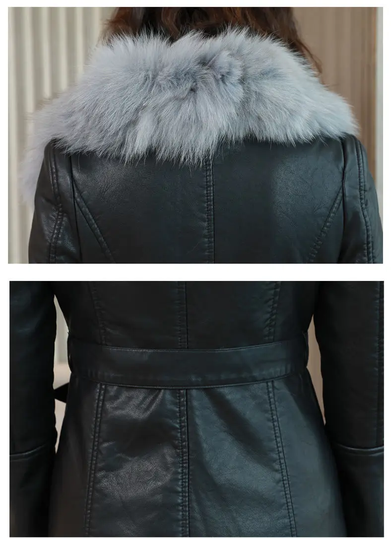 

Large fur collar winter leather jacket women plus velvet thick mid-length 2020 new slim and thin waist leather jacket