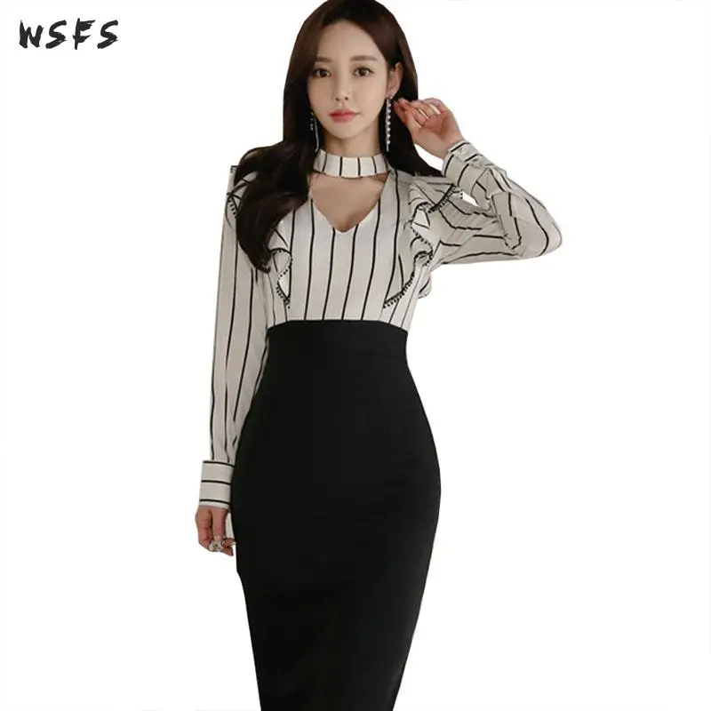 

Spring Women Dress White Striped Halter Ruffles Dresses Sexy Party Vintage Bandage Bodycon Office Ladies Midi Pencil Wrap Dress