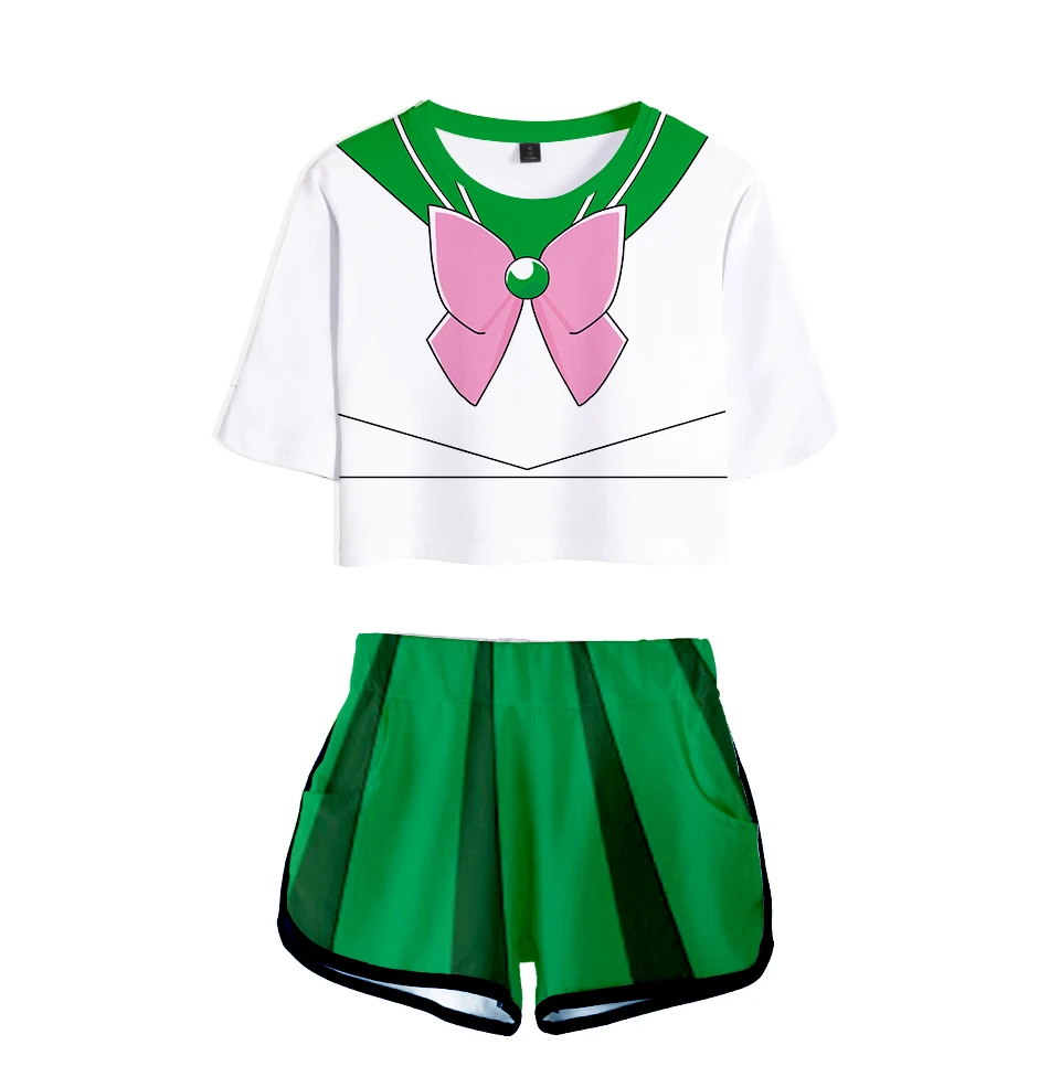 

Sailor Moon Comic Character Suit 3D Casual Navel T-Shirt + Shorts Lady Two-Piece Fashion 3D Anime Harajuku Red Girl 2-Piece Set