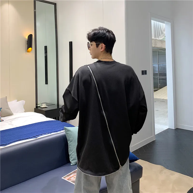 

Male Streetwear Hip Hop Punk Gothic Irregular Sweatshirt Men Zipper Metal Chain Design Loose Black Pullover Casual Hoodie