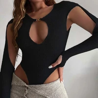 women bodysuit sexy cut out stretchy long sleeve top clubwear ladies romper short jumpsuit black gray rompers summer outfits