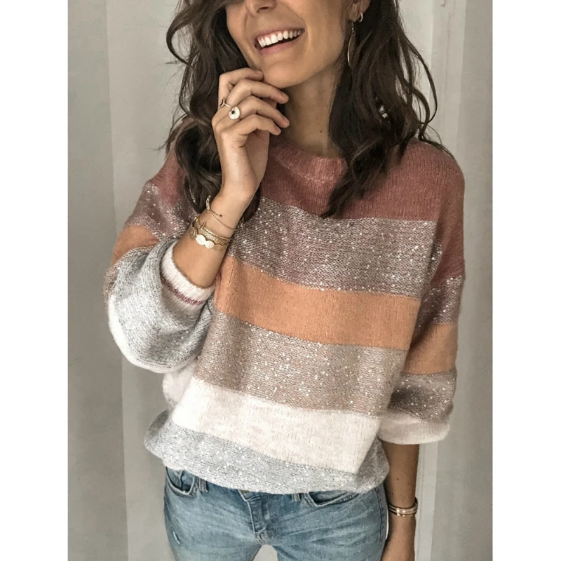 Полосатый свитер Модный женский вязаный блестящая Одежда для девочек теплый |