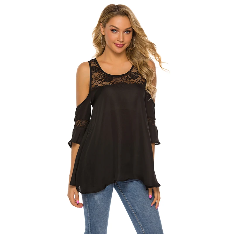 

Casual Cold Shoulder T-Shirt Women Sexy Off Shoulder Pleated Irregular Hem Shirts Top Female Hollow Lace Patchwork Loose Tops