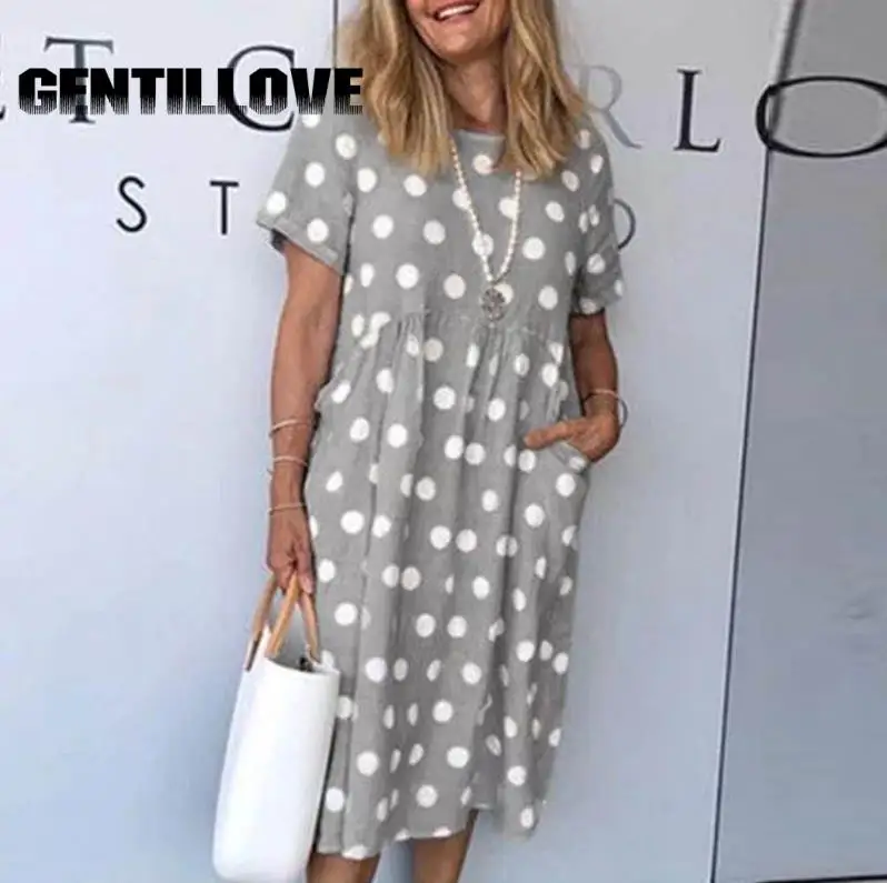

Casual Women Casual Dot Daisy with Pockets Dress Summer Short Sleeve Loose Party Dress Elegant Ladies Bodycon Female Sundress