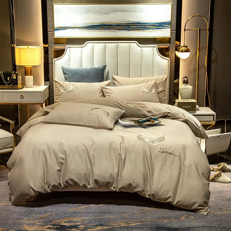 

Luxury Embroidery Bedding Set 100%Cotton Feather Duvet Cover Flat Or Fitted Sheet Pillowcase Elegant Solid Bed Set Queen King