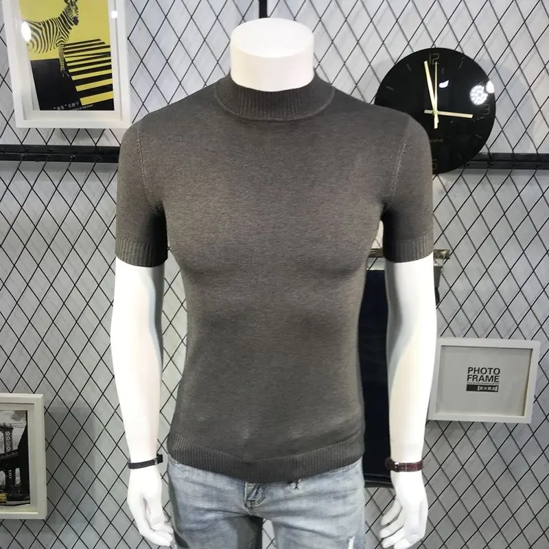 

2021 New Men Summer Fashion Half Turtleneck T-shirt Tops Male Korean Style Slim Solid Color Loose Plus Size 4xl Knitted Tees S77