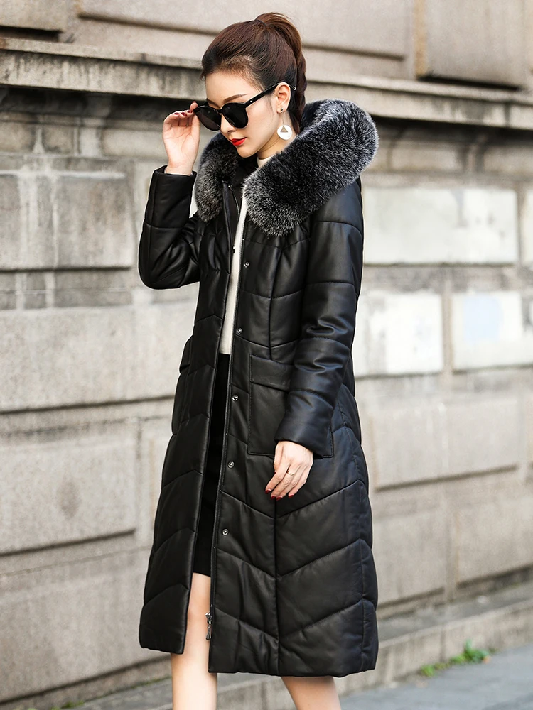 Leather Down Jacket Female Long Section 2020 New Slim Sheep Belt Cap Fox Fur Collar Female Big size High Quality Leather Jacket