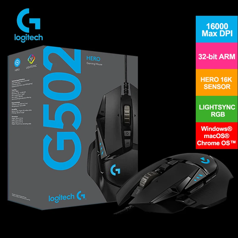 

Игровая мышь Logitech G502 HERO с 16,000DPI, высокопроизводительная игровая мышь HERO, программируемая, настраиваемая, LIGHTSYNC RGB 32-битная мышь ARM