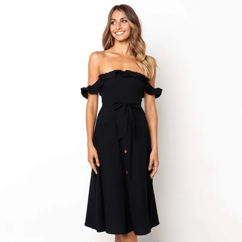 

Female Sexy Off Shoulder Party Midi 2021 Women Elegant Ruffles Vestido Solid Casual Button Summer Dress