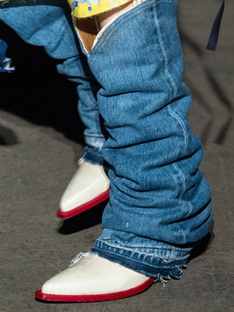 

Новые женские сапоги до колена без застежки на высоком тонком каблуке; Женская джинсовая обувь из кусочков натуральной кожи в ретро-стиле, с...