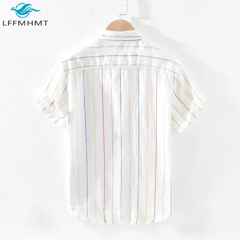 1708 100% здоровая льняная Модная рубашка с коротким рукавом и отложным воротником