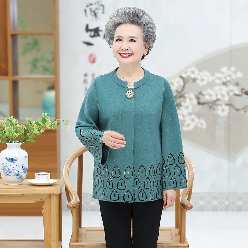 

Elderly Women's Sweater Knit Cardigan Jacket 2020 Fall New Long Sleeve Grandma Sweater Coat Large Size Cardigans Feminine Y416