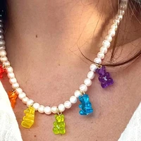 just feel colorful gummy bear pearl chain necklace for women cute cartoon bears beaded choker necklace korean jewelry gifts