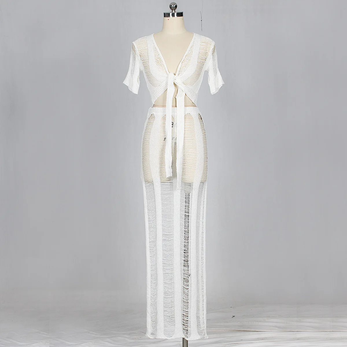 2020 Summer Sexy Club Outfits Women Two Piece Set Hollow Out Knitting Transparent Party Dress V-Neck Transformable Shirt |