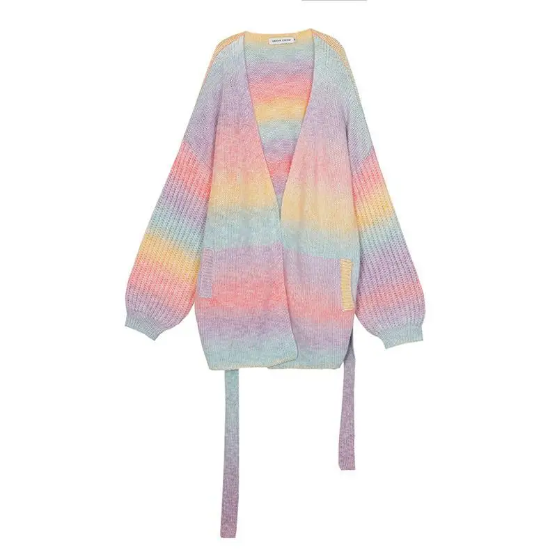 

Japanese Kawaii Lolita Rainbow Sweater Women Sweet Korean Chic Full Sleeve Knitted Sweater Female Cute Knitting Sweater Coat