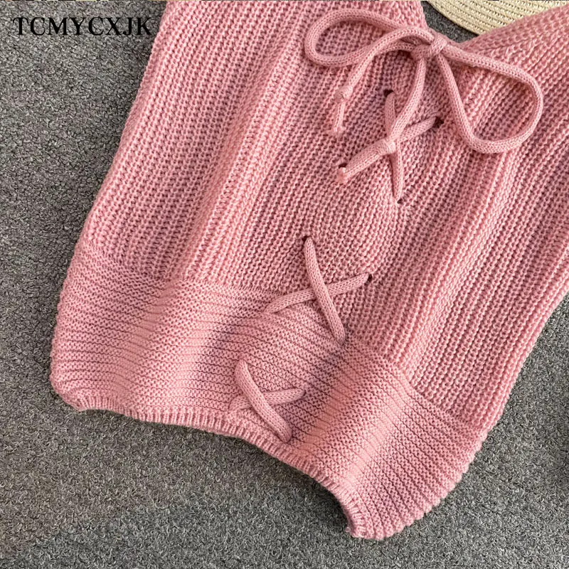 

2021 Summer Solid Spaghetti Strap Camisole Sweater Women Lace Up Cute Knit Tank Crop Top Corset Pink Sweater Vest Korean Style