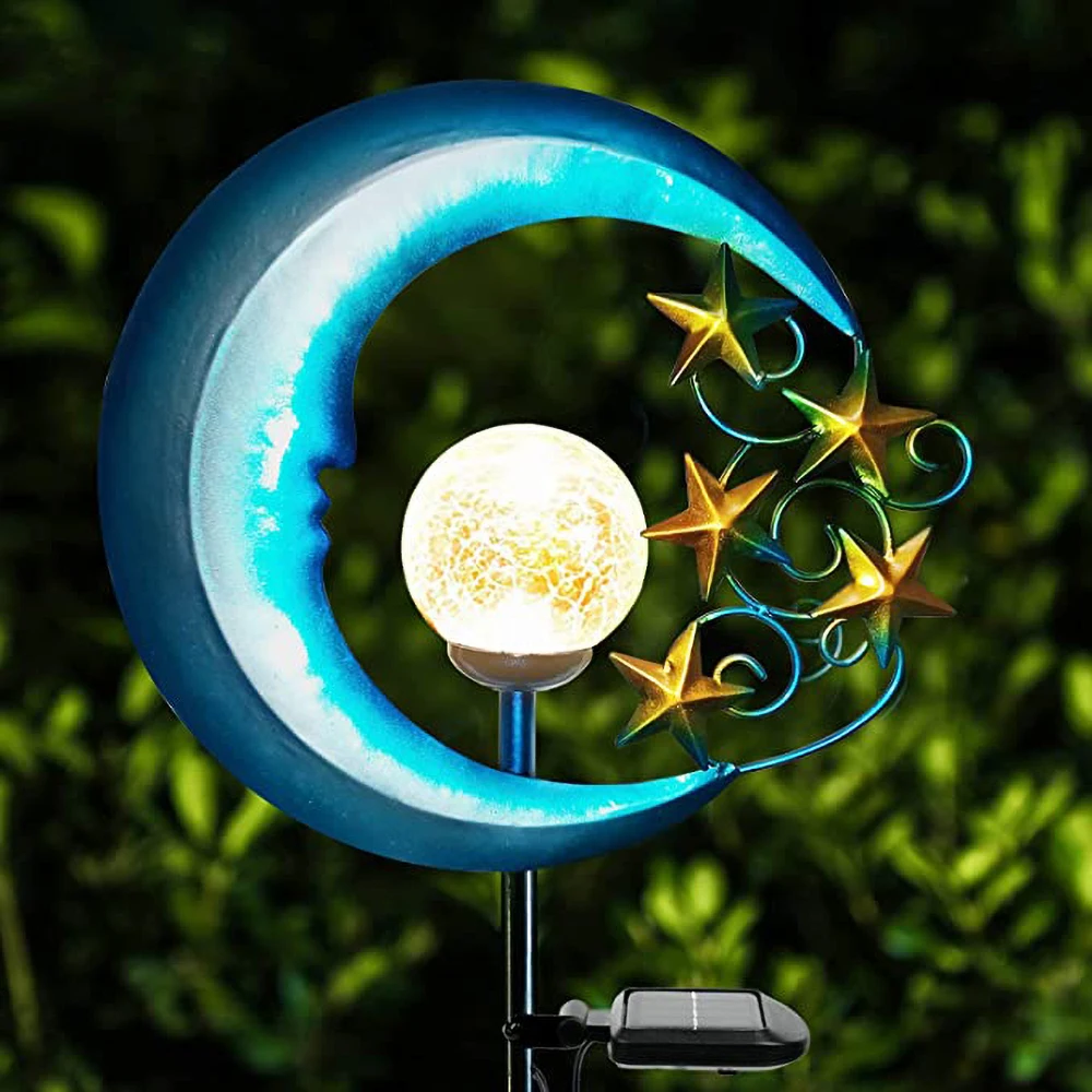

Stars Moon Solar Lights Outdoor Powered Garden Decorative Crackle Glass Globe Led Waterproof Landscape for Pathway Yard Lawn