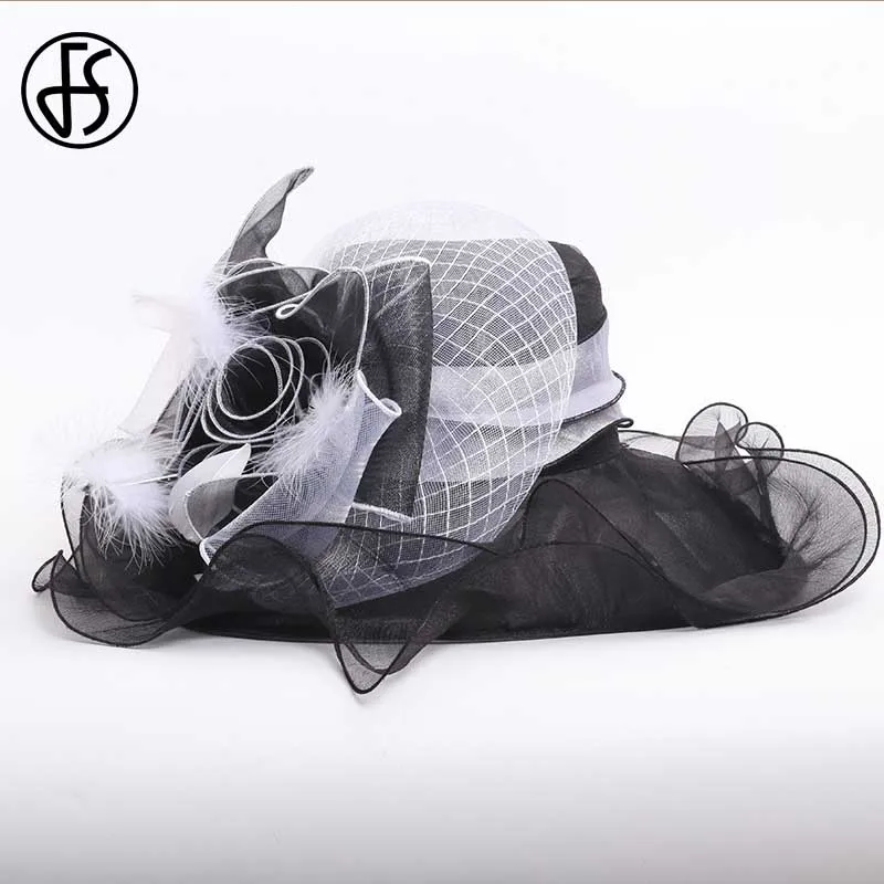 

FS Fashion Womens Big Hat Sun Beach Red Hats Organza Cap Women 2020 Summer Wide Brim Church Tea Party Derby Hat