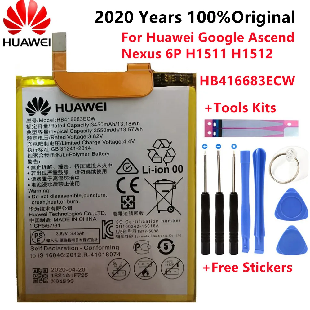 

2021 Years Original New HB416683ECW Real 3450mAh Battery for Huawei Google Ascend Nexus 6P H1511 H1512 Battery+Tools+Stickers