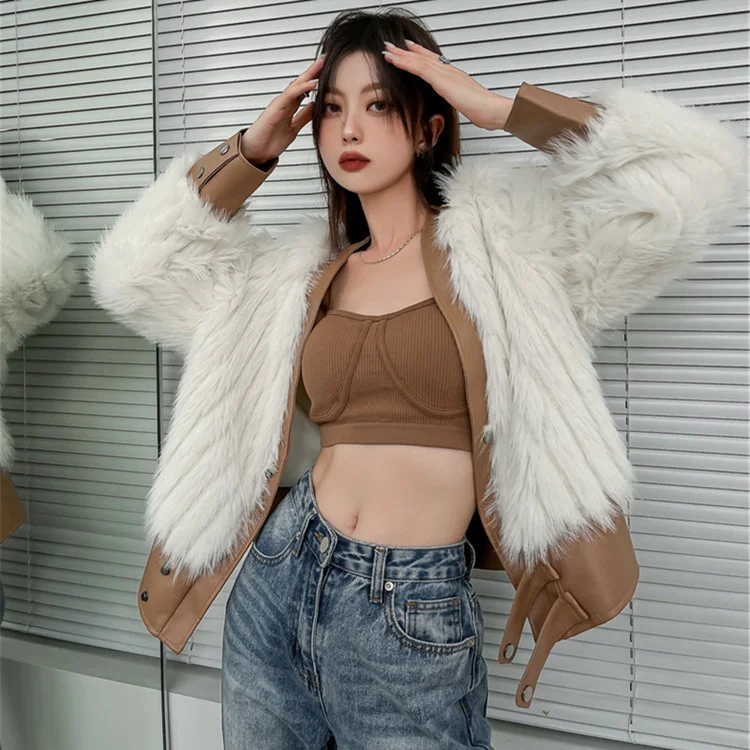 

Женское короткое пальто из искусственного меха, новое модное кожаное пальто с V-образным вырезом в Корейском стиле, зима 2021