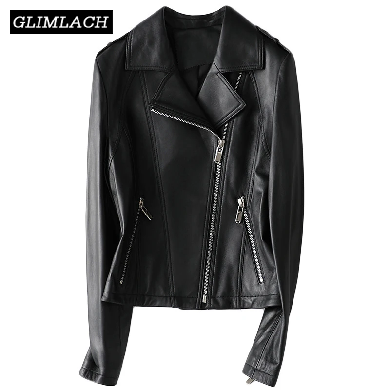 Sheepskin Motorcycle Biker Leather Jacket Women Lapel Zipper Genuine Leather Short Coat Ladies Streetwear Black Outwear Clothes