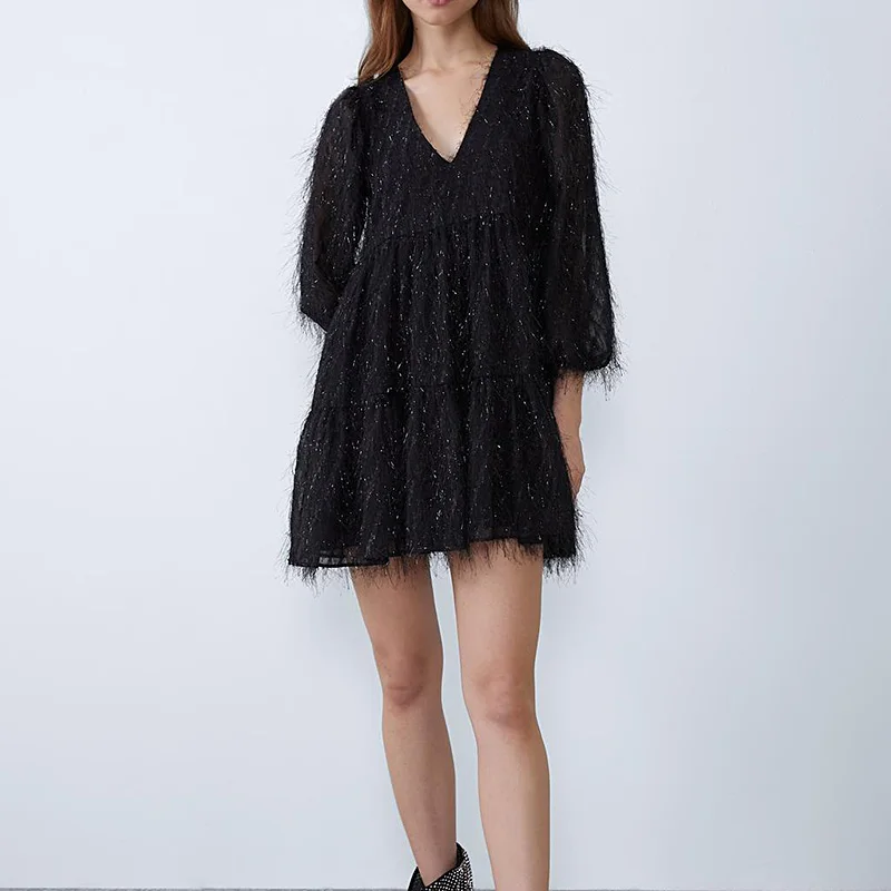 Женское платье 2019 винтажное с кисточками ТРАПЕЦИЕВИДНОЕ модное v-образный вырез