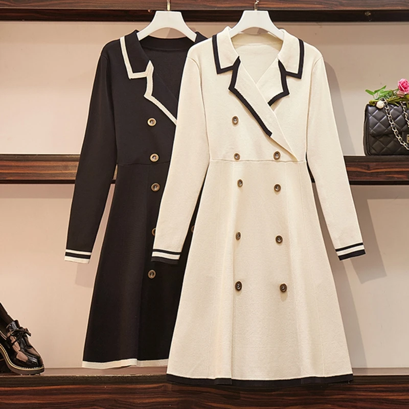 Женское трикотажное платье с длинным рукавом двубортное офисное свитер отложным