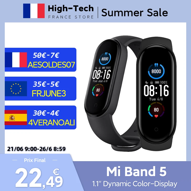 Смарт браслет Xiaomi Mi Band 5 фитнес трекер с пульсометром и динамическим цветным