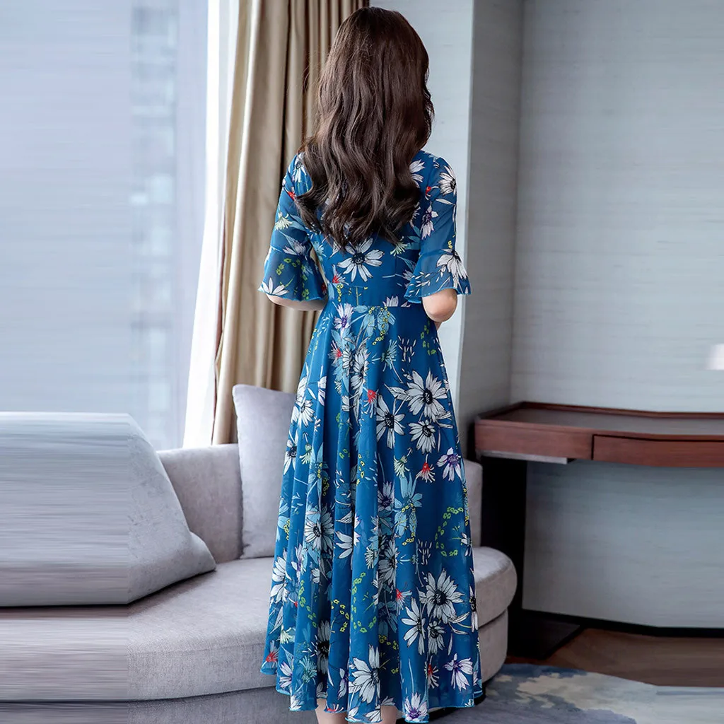 Женское летнее платье с цветочным принтом в стиле бохо коротким рукавом а-силуэт