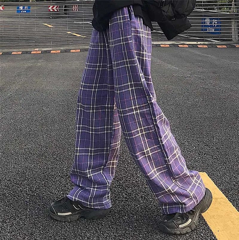 NiceMix harajuku клетчатые эластичные брюки с высокой талией осень wo мужские уличные хип хоп прямые брюки повседневные брюки