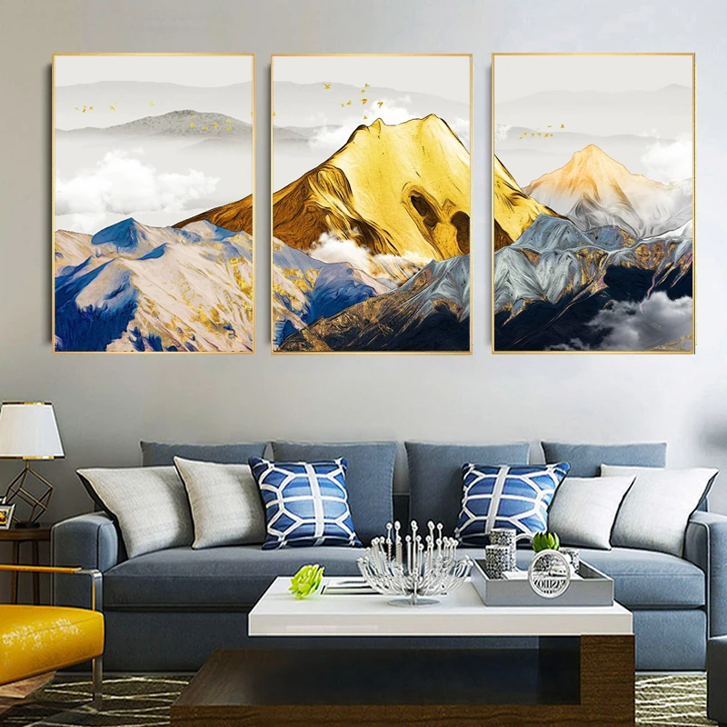 Китайский постер и холст с изображением облачного ландшафта Золотой горы для тройного украшения дома.