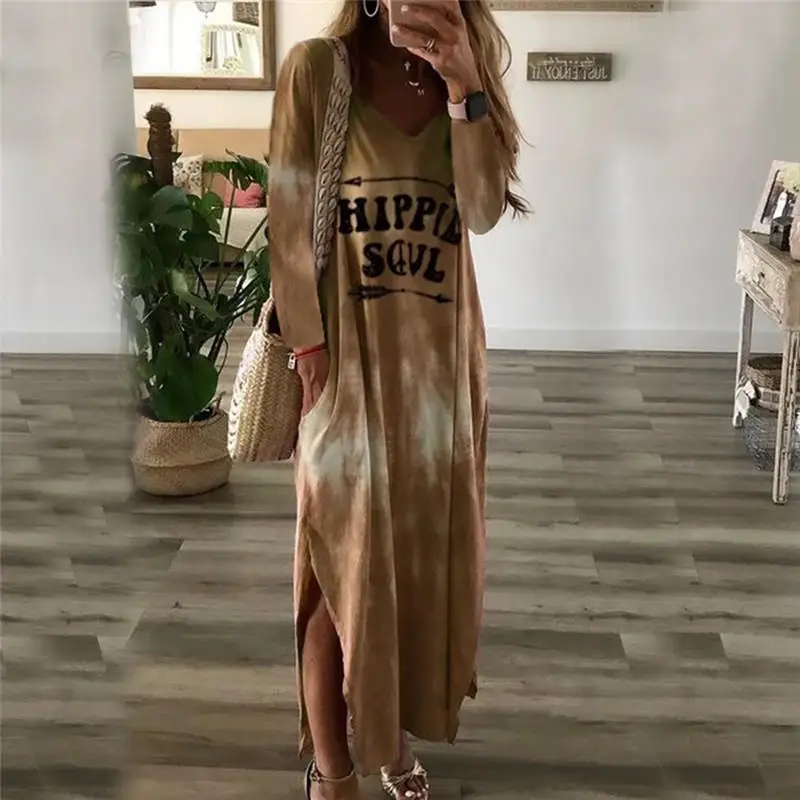 khaki dress Краситель Для Галстука Градиент Цвет Платье Глубокий V Образным Вырезом Глубокий Вырез Платье Сторона Щель Раскол Текст Буква Хиппи Душа Женщина Длинный Рукав Платье Макси Харадзюку Xxl Хаки Серый Синий Феолетовый - Цвет: khaki dress