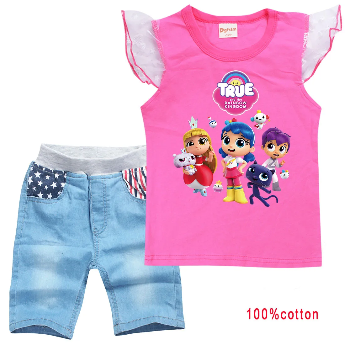 

Kids Fashion True Rainbow Kingdom Clothes Girls Cotton Flying Sleeve T-Shirts Denim Pants 2pcs Set Teen Boys Clothing Children
