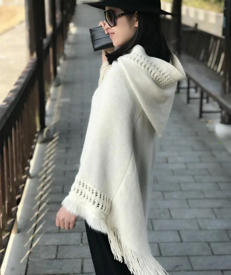 Женский вязаный свитер-пончо с капюшоном однотонная шаль накидка плюшевой