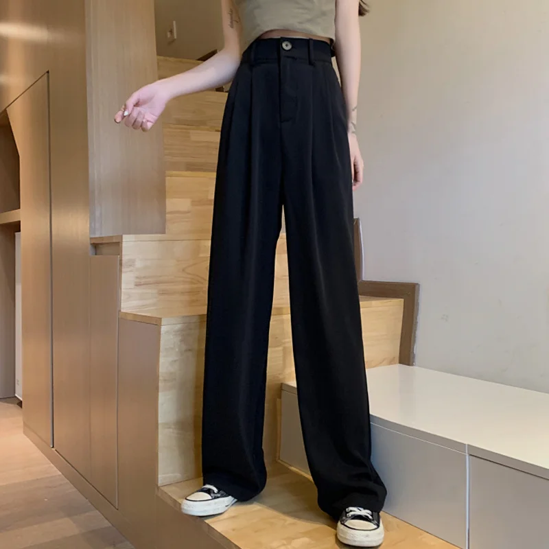 

Брюки с завышенной талией, черный костюм, женский прямой свободный костюм, новинка 2021, Осенние тонкие подвесные штаны с широкими штанинами д...