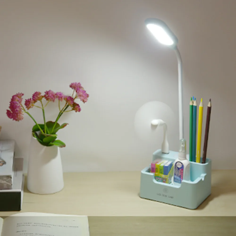 charging led table lamp with fan touch dimmable desk lamp eye protection reading lamp with phone holder pen holder free global shipping