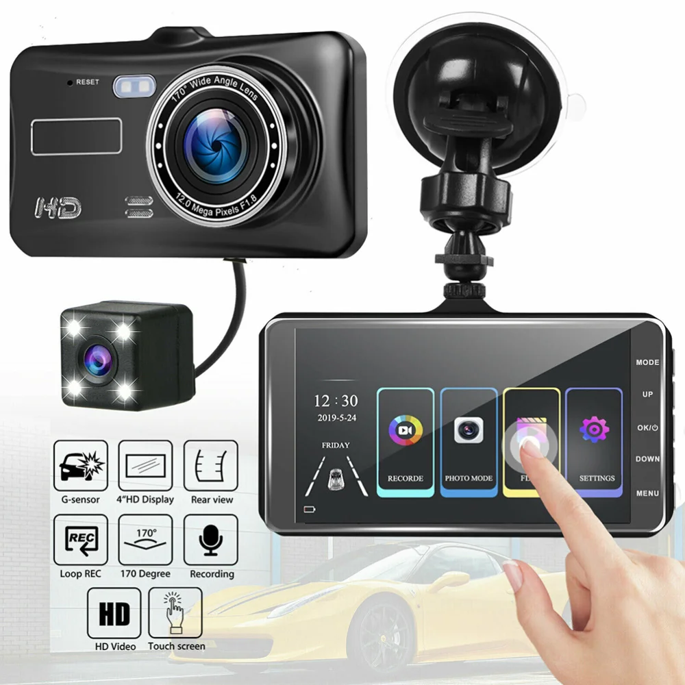 

4 Inch 1080P Dual Camera IPS Touch Screen Car Recorder Car DVR Camcorder 170 Degree Wide Angle Vehicle Rear View Backup Camera